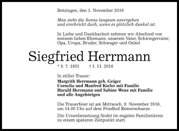 Anzeige von Siegfried Herrmann von Reutlinger Generalanzeiger