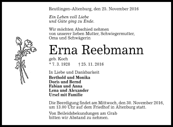 Anzeige von Erna Reebmann von Reutlinger Generalanzeiger