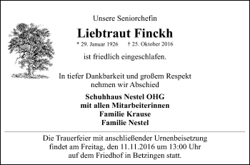 Anzeige von Liebtraut Finckh von Reutlinger Generalanzeiger