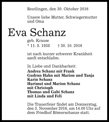 Anzeige von Eva Schanz von Reutlinger Generalanzeiger