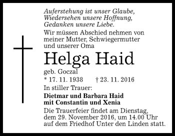 Anzeige von Helga Haid von Reutlinger Generalanzeiger