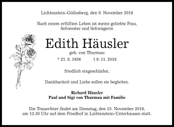 Anzeige von Edith Häusler von Reutlinger Generalanzeiger