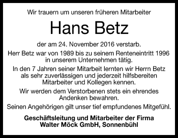 Anzeige von Hans Betz von Reutlinger Generalanzeiger