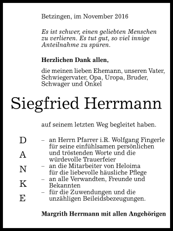 Anzeige von Siegfried Herrmann von Reutlinger Generalanzeiger