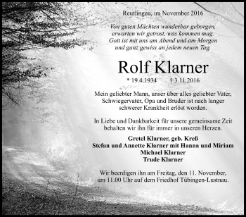 Anzeige von Rolf Klarner von Reutlinger Generalanzeiger