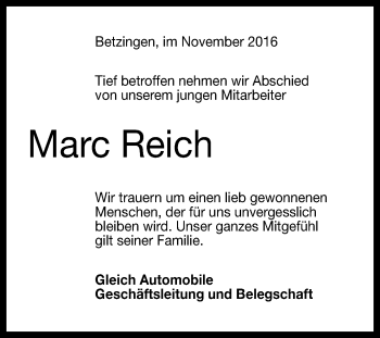 Anzeige von Marc Reich von Reutlinger Generalanzeiger