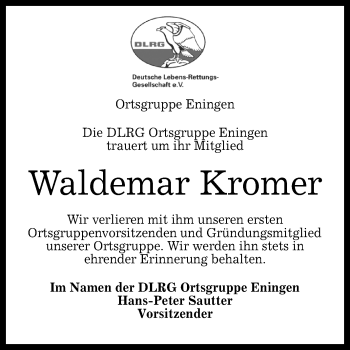 Anzeige von Waldemar Kromer von Reutlinger Generalanzeiger