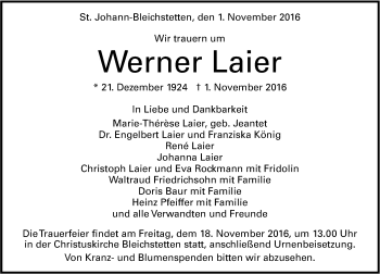 Anzeige von Werner Laier von Reutlinger Generalanzeiger