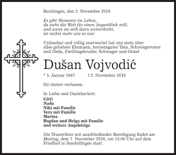 Anzeige von Dusan Vojvodic von Reutlinger Generalanzeiger