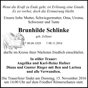 Anzeige von Brunhilde Schlinke von Reutlinger Generalanzeiger