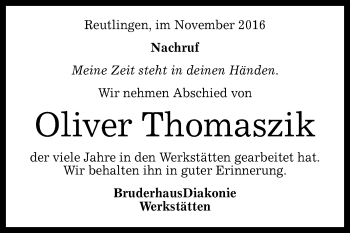 Anzeige von Oliver Thomaszik von Reutlinger Generalanzeiger