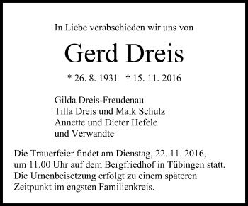 Anzeige von Gerd Dreis von Reutlinger Generalanzeiger