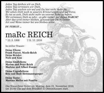 Anzeige von Marc Reich von Reutlinger Generalanzeiger
