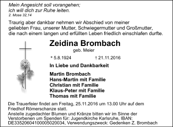 Anzeige von Zeidina Brombach von Reutlinger Generalanzeiger
