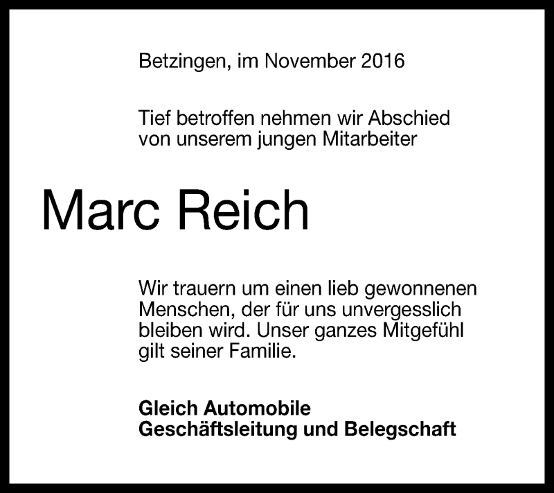  Traueranzeige für Marc Reich vom 18.11.2016 aus Reutlinger Generalanzeiger