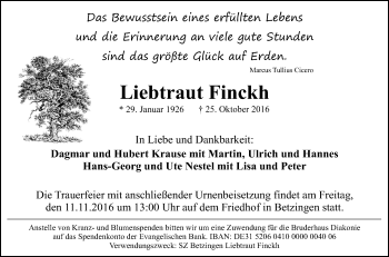 Anzeige von Liebtraut Finckh von Reutlinger Generalanzeiger