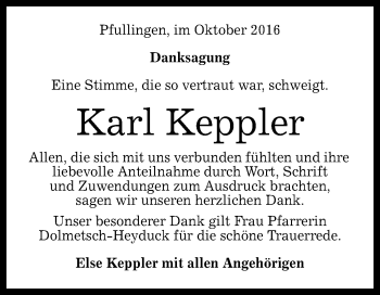 Anzeige von Karl Keppler von Reutlinger Generalanzeiger