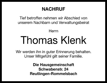 Anzeige von Thomas Klenk von Reutlinger Generalanzeiger