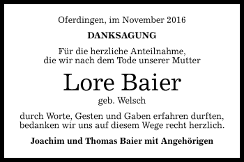 Anzeige von Lore Baier von Reutlinger Generalanzeiger