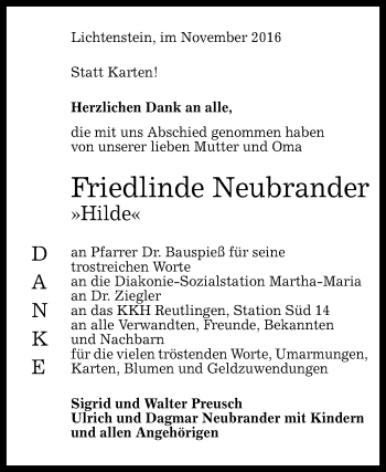 Anzeige von Friedlinde Neubrander von Reutlinger Generalanzeiger