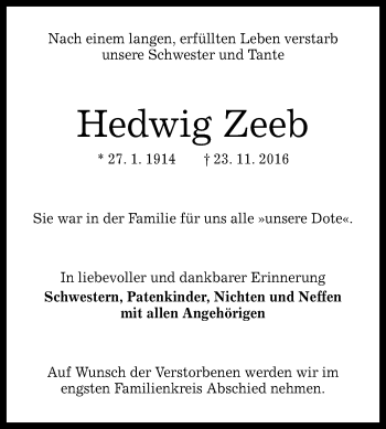 Anzeige von Hedwig Zeeb von Reutlinger Generalanzeiger