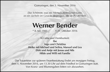 Anzeige von Werner Bender von Reutlinger Generalanzeiger