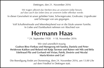 Anzeige von Hermann Haas von Reutlinger Generalanzeiger