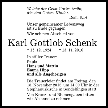Anzeige von Karl Gottlob Schenk von Reutlinger Generalanzeiger