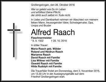 Anzeige von Alfred Raach von Reutlinger Generalanzeiger