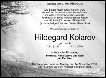 Anzeige von Hildegard Kolarov von Reutlinger Generalanzeiger