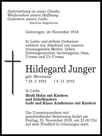 Anzeige von Hildegard Junger von Reutlinger Generalanzeiger
