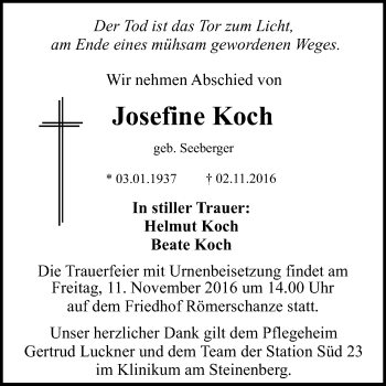 Anzeige von Josefine Koch von Reutlinger Generalanzeiger