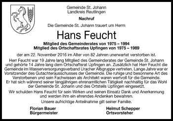 Anzeige von Hans Feucht von Reutlinger Generalanzeiger