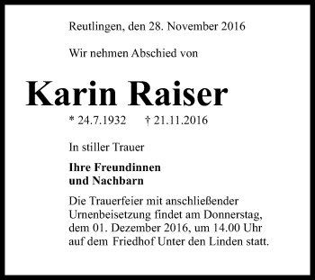 Anzeige von Karin Raiser von Reutlinger Generalanzeiger