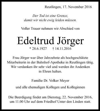 Anzeige von Edeltrud Jörger von Reutlinger Generalanzeiger