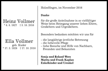 Anzeige von Heinz Vollmer von Reutlinger Generalanzeiger