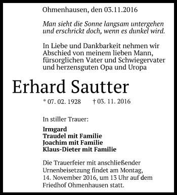 Anzeige von Erhard Sautter von Reutlinger Generalanzeiger