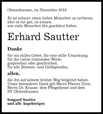 Anzeige von Erhard Sautter von Reutlinger Generalanzeiger