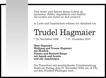 Anzeige von Trudel Hagmaier von Reutlinger Generalanzeiger