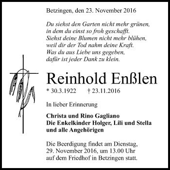 Anzeige von Reinhold Enßlen von Reutlinger Generalanzeiger