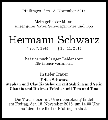 Anzeige von Hermann Schwarz von Reutlinger Generalanzeiger