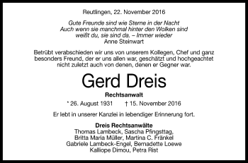 Anzeige von Gerd Dreis von Reutlinger Generalanzeiger