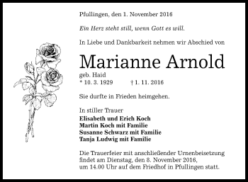 Anzeige von Marianne Arnold von Reutlinger Generalanzeiger