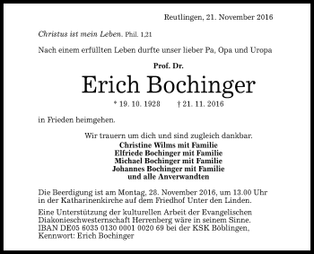 Anzeige von Erich Bochinger von Reutlinger Generalanzeiger
