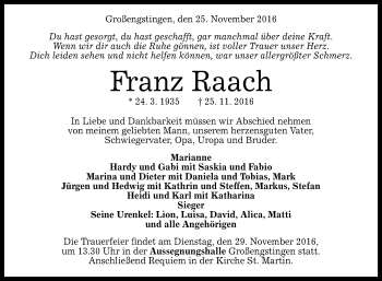 Anzeige von Franz Raach von Reutlinger Generalanzeiger