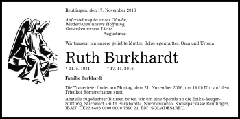 Anzeige von Ruth Burkhardt von Reutlinger Generalanzeiger