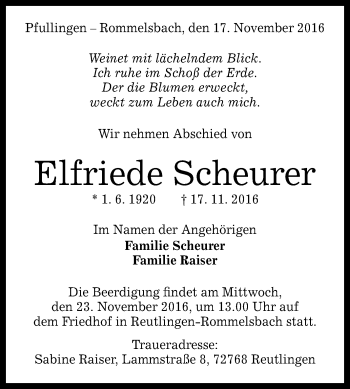 Anzeige von Elfriede Scheurer von Reutlinger Generalanzeiger