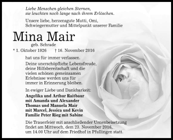 Anzeige von Mina Mair von Reutlinger Generalanzeiger