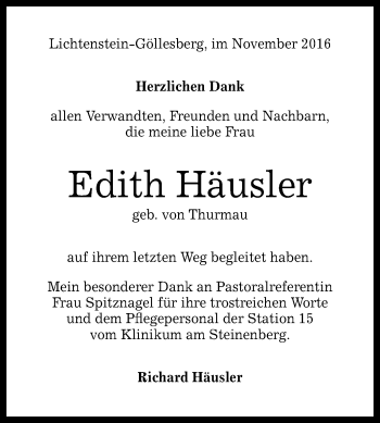 Anzeige von Edith Häusler von Reutlinger Generalanzeiger