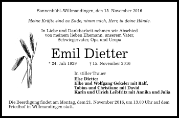 Anzeige von Emil Dietter von Reutlinger Generalanzeiger